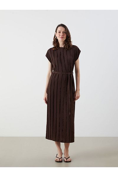 LC Waikiki Dark Brown Crew Neck Textured Dress