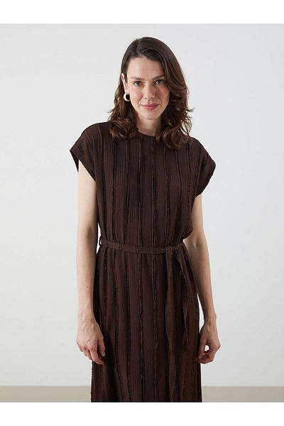 LC Waikiki Dark Brown Crew Neck Textured Dress