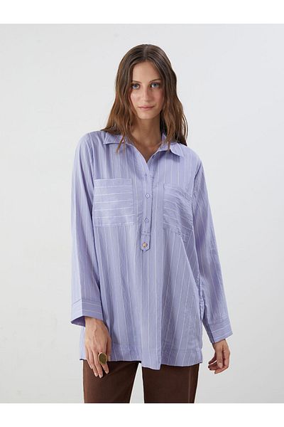 LC Waikiki Purple Shirt Collar Striped Women's Tunic
