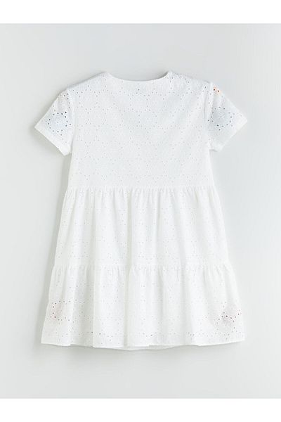 LC Waikiki White V-Neck Openwork Folded Gathered Brode Dress