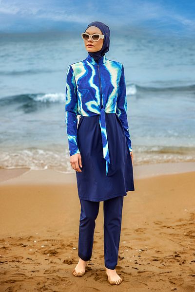 Marina Swimwear Navy Blue Full Covered Hijab Swimsuit with Stopper and Water Repellent Fabric M2530-2