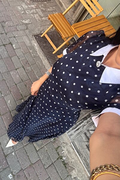 OKSOCOLLECTİON Vintage Lacivert Astarlı Gül Detaylı Puantiyeli Elbise