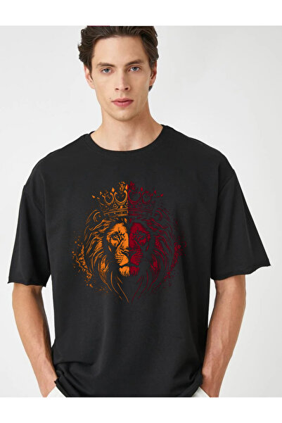 LOTS MODA Unisex Siyah Tişört Sarı Kırmızı Aslan Tasarımlı Siyah Oversize Tişört