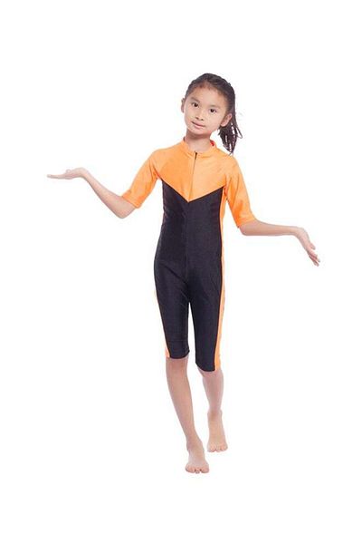 Generic Sharpdo Girl's Short Sleeve Chain Closure Burkini Orange/Black