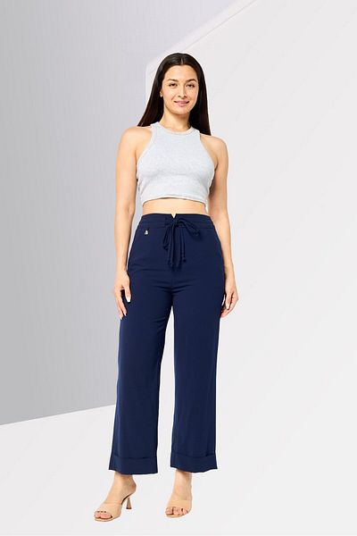 Harmont & Blaine Women Regular Fit Plain Palazzo Pants, Navy