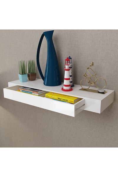 vidaxl White MDF Floating Wall Display Shelf 1 Drawer Book/DVD Storage