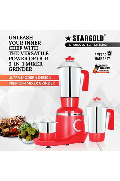 Generic STARGOLD 800W 3-in-1 Mixer Grinder with Stainless Steel Jars – Juicer, Blender & Grinder, Red