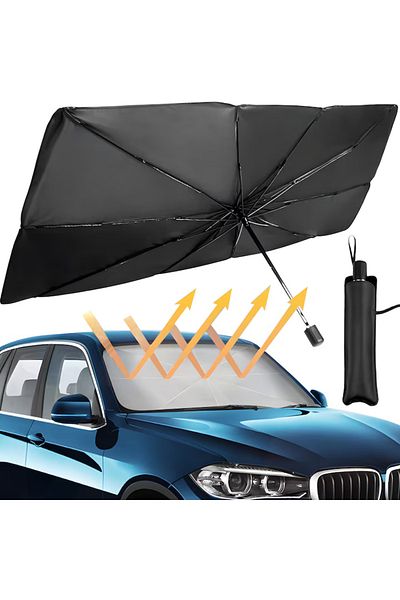 Generic Parasolar auto, EZGETOP®, portabil, pentru mașină, în formă de umbrelă, negru/argintiu, 140 x 80 cm
