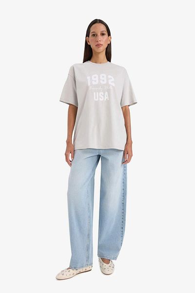 DeFacto Oversize Wide Fit Crew Neck Printed Combed Cotton Short Sleeve T-Shirt F3073Ax25Sp