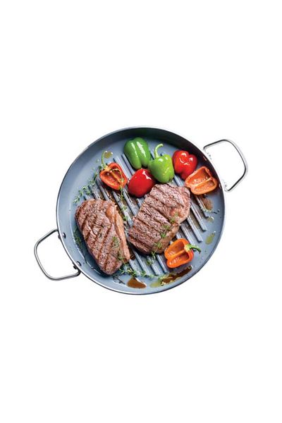 Generic مقلاة شواء دائرية من السيراميك غير لاصقة آمنة للاستخدام في غسالة الأطباق والفرن من جرين بان مع مقبض، لون رمادي، 28 سم