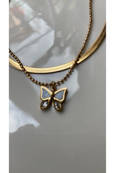 ZRN AKSESUAR Halhal Steel Double Chain ​​With Butterfly End Detail Stylish Gold Color