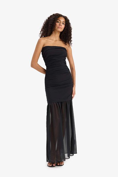 DeFacto Strapless Chiffon Black Midi Dress F7249Ax25Sm