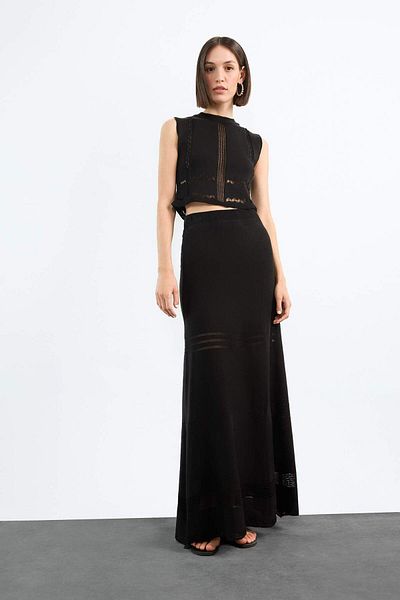 DeFacto 2-Piece Crochet Knitwear Set Crew Neck Sleeveless Blouse Stretchy Waisted Maxi Skirt F7466Ax25Hs
