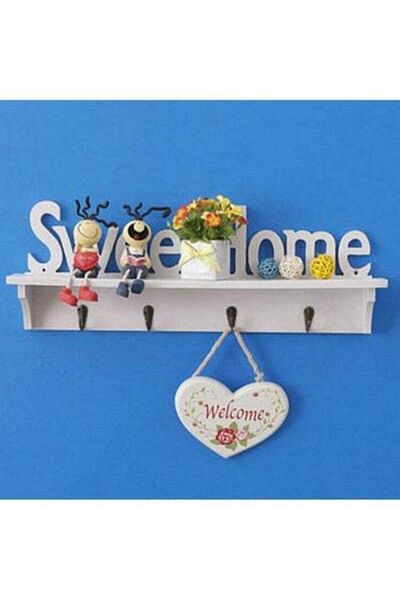 HALAMODO Wooden Wall Mount Storage Shelf Hooks White 20 x 10 x 20cm