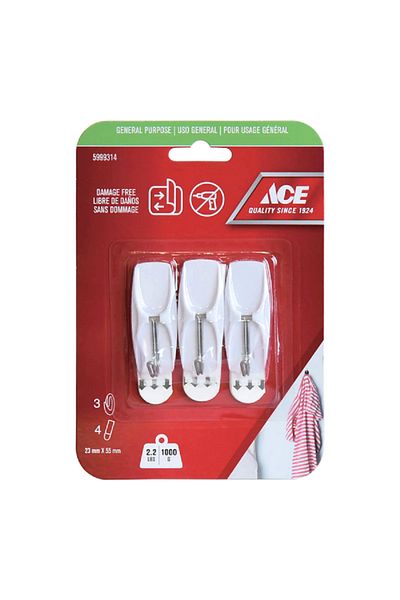 ACE 3-Piece Damage Free General Purpose Adhesive Hook with Strips White 2.3 x 5.5cm