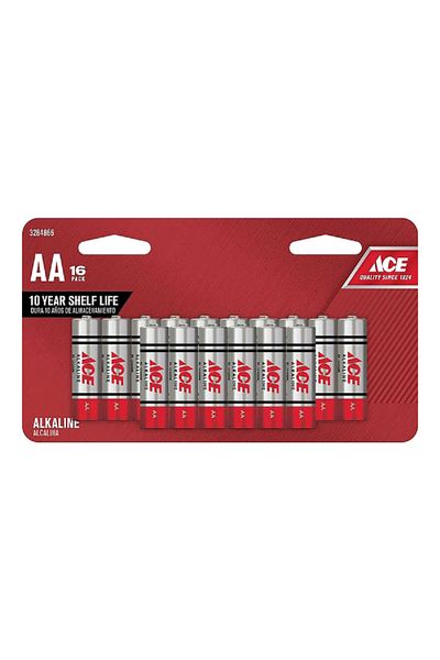ACE بطاريات أقلام رصاص متينة فائقة القلوية مقاس AA، 16 قطعة، باللونين الفضي والأحمر