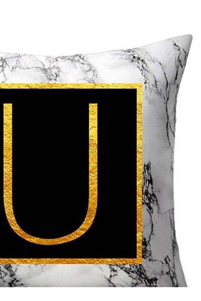 HALAMODO Marbled Golden Alphabet Letter Sofa Pillow Cushion Cover White/Black/Gold 45 x 45cm