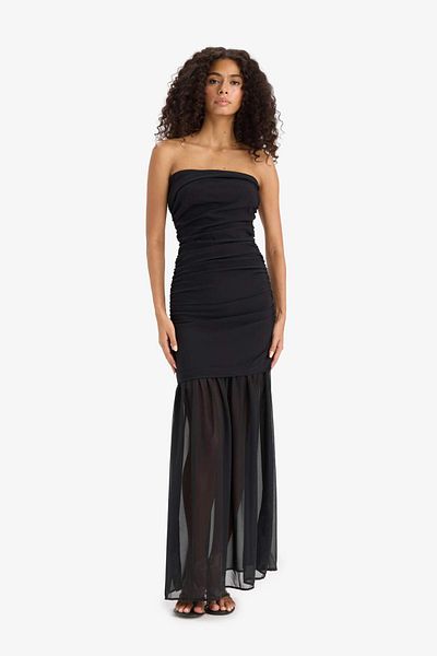 DeFacto Strapless Chiffon Black Midi Dress F7249Ax25Sm