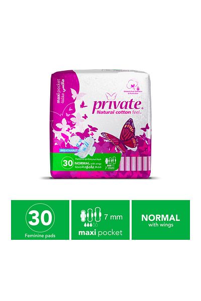 PRİVATE Private Natural Cotton Feel Maxi Thick Folded Normal Sanitary Pads with Wings 30 pcs