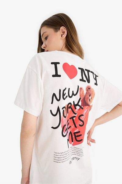 DeFacto Coool I Love Ny Oversize Wide Fit Crew Neck Back Printed Short Sleeve T-Shirt F5161Ax25Sm
