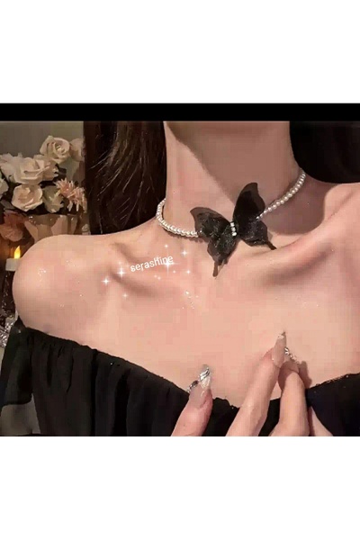 Serashine İncili siyah kelebek vintage y2k choker kolye