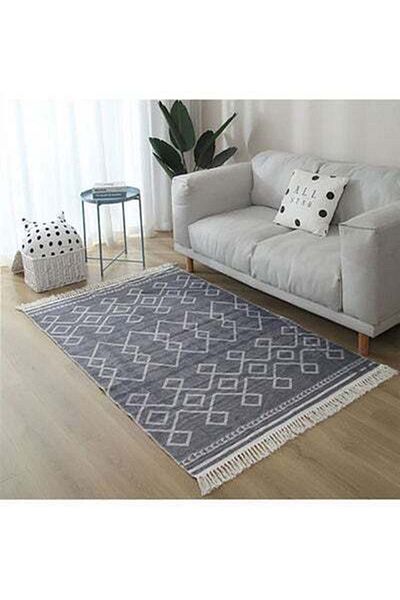 HALAMODO Soft Touch Hand-Woven Cotton & Linen Bohemian Fringed Rug Grey 200 x 140cm