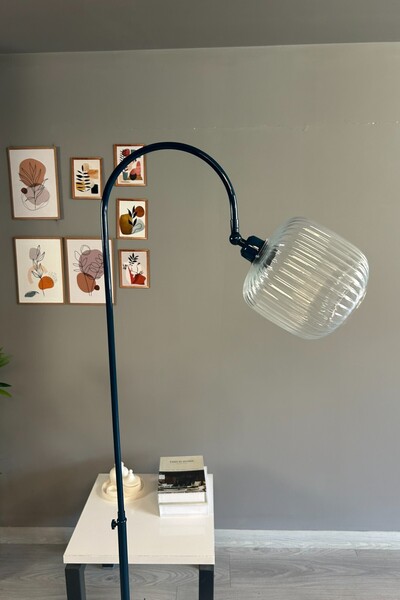 Bamyum Şeffaf Cam Lambader Gece Mavisi Gövde Dekoratif Metal Oturma Odası Zemin Lambası