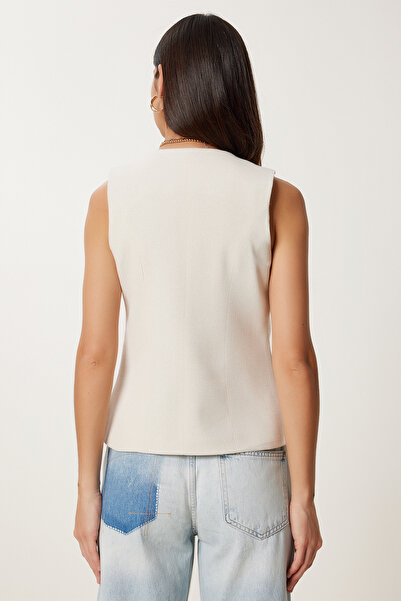 Lovelyİstanbul Stylish Buttoned Linen Vest Cream Lrg0028