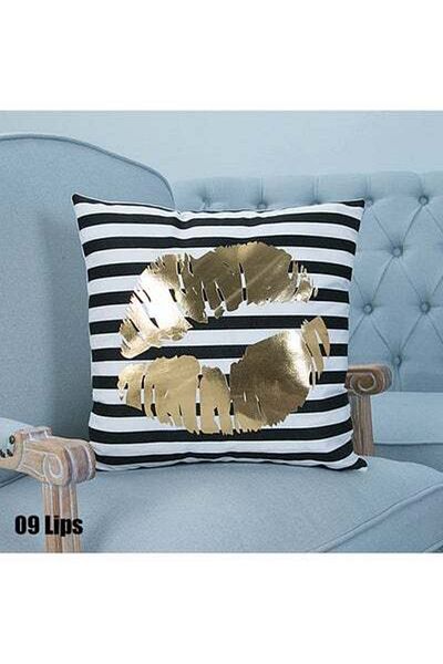 HALAMODO Lip Printed Decorative Soft Cushion Cover White/Gold/Black 45x45cm