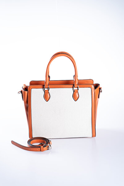 Oblavion Light Tan Piping Vegan Leather Detailed Tote Beige Canvas Adjustable Hand and Shoulder Bag