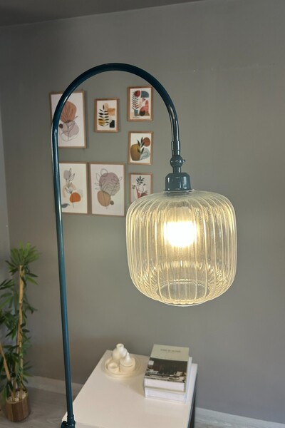 Bamyum Şeffaf Cam Lambader Gece Mavisi Gövde Dekoratif Metal Oturma Odası Zemin Lambası