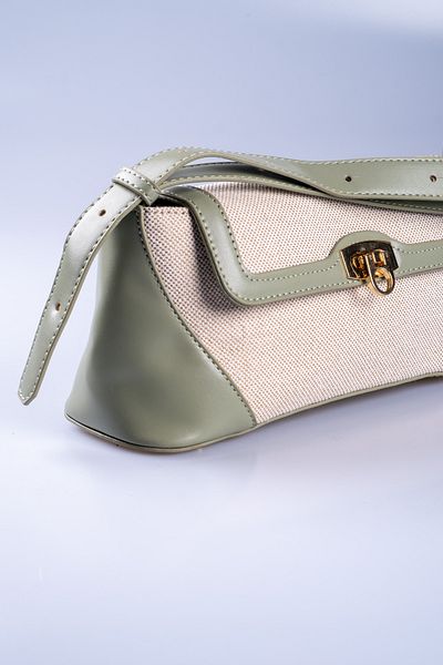 Oblavion Pastel Green Vegan Leather Detailed Cream Canvas Adjustable Hand and Shoulder Bag