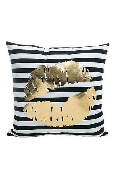 HALAMODO Lip Printed Decorative Soft Cushion Cover White/Gold/Black 45x45cm