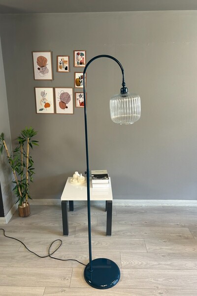 Bamyum Şeffaf Cam Lambader Gece Mavisi Gövde Dekoratif Metal Oturma Odası Zemin Lambası