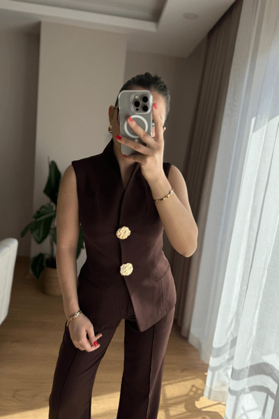 SEHOCO BUTİK Acı Kahve Gold Düğmeli Yelek Pantolon Takım