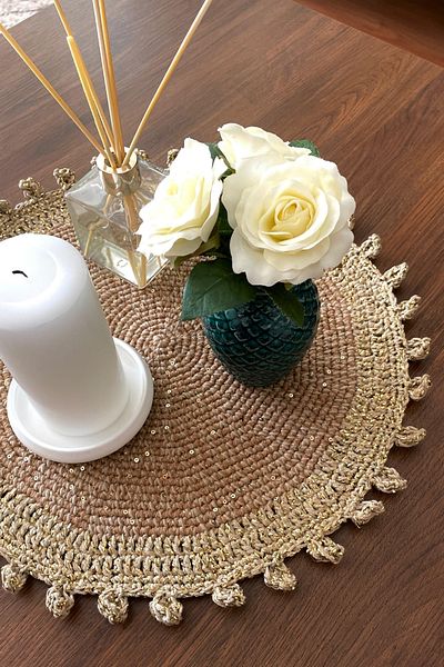 Uretti - Hacer 8870 Handmade Sequined Beige Color Cotton Thread Decorative Supla - 39 X 39 cm