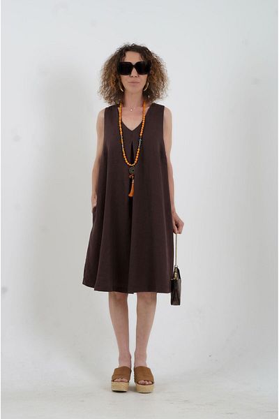Zelish My Sister Coffee Front Pleated V-Neck Linen Dress