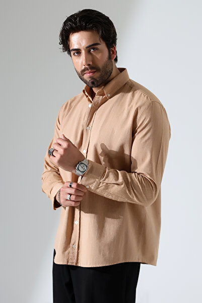 GÖMLEKÇİNİZ Men's Shirt Oversize Fit Long Sleeve Cotton Linen Men's Shirt