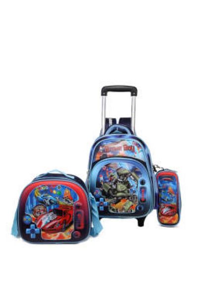 Generic STARGOLD 14-Inch Baby Trolley Backpack Set of 3 – Hero Car Design Rolling Bag, Sky Blue