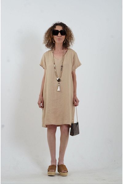 Zelish My Sister Beige Short Sleeve Linen Dress