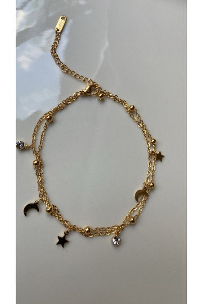 ZRN AKSESUAR Halhal Star, Moon and Stone Crystal Detail Stylish Gold Color Steel Bracelet
