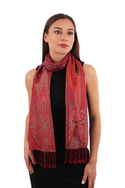 Bursa İpek Burgundy Green Jamawar Woven Silk Scarf