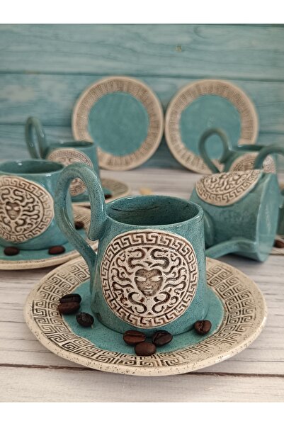 The Gara Medusa'nın Nefesi 6 Kişilik Kahve Fincan Takımı %100 El Yapımı Turkuaz