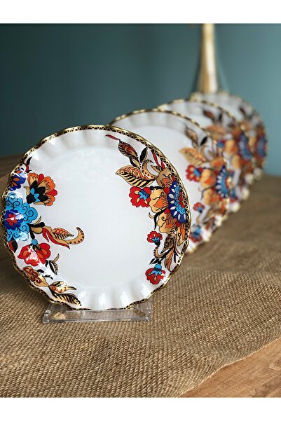 B&M Beyaz Çiçek Desenli Kıvrımlı Tatlı Tabağı 6 Adet