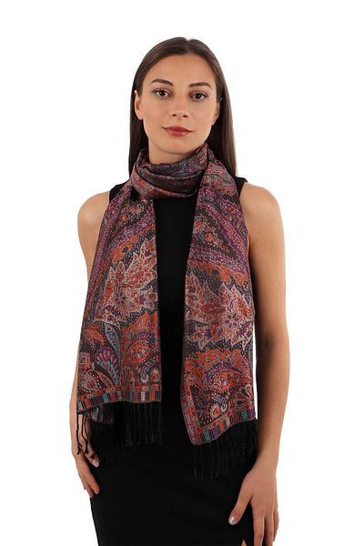 Bursa İpek Black Purple Jamawar Woven Silk Scarf