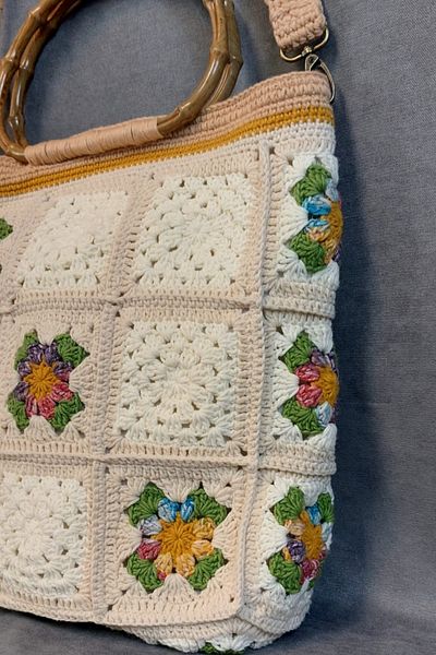 Uretti - Hacer 8870 8128 Handmade Cotton Thread Flower Motif Shoulder Bag - Beige