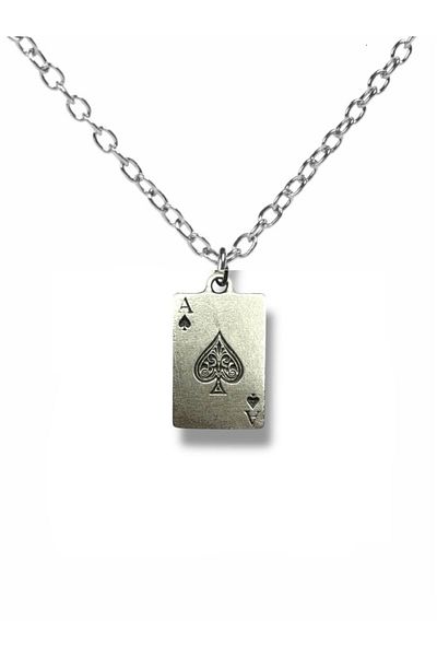 Herşey Nota Silver Color Poker Card Necklace with Ace of Spades Figure – Unisex Jewelry Representing Luck and Strength