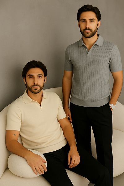 LC Waikiki Pack of 2 100% Cotton Premium Quality Men's Collared Knitwear Textured T-Shirt / T-Shirt