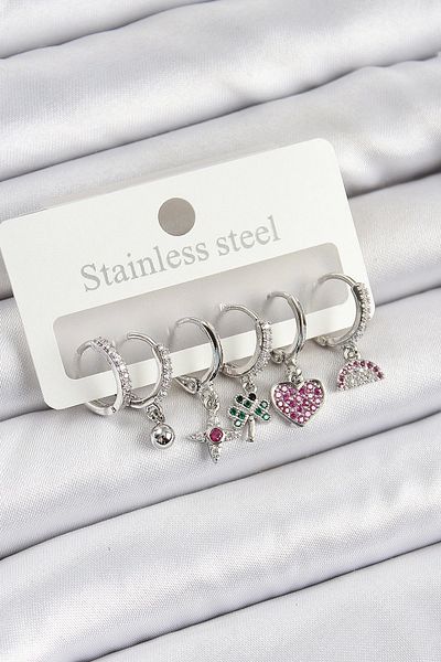 Clariss Brass Zircon Stone Watermelon Clover Heart Compass Mixed Model Silver Color Set of 6 Women's Earrings