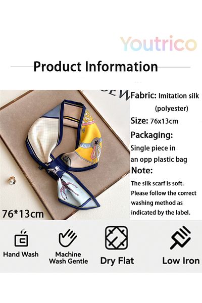 Youtrico Silk Scarf with Pony Perforated Diagonal Design 76*13cm Versatile Korean Style Fashion